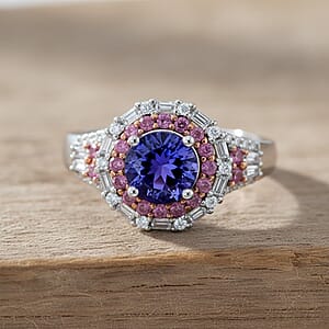 D'Joy Tanzanite and Multi Gemstone 2.40 ctw Rosefire Ring in 18K Vermeil RG and Rhodium Over Sterling Silver (Size 6.0)