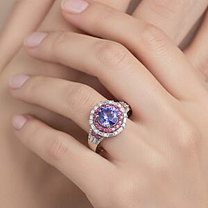 D'Joy Tanzanite and Multi Gemstone 2.40 ctw Rosefire Ring in 18K Vermeil RG and Rhodium Over Sterling Silver (Size 7.0)