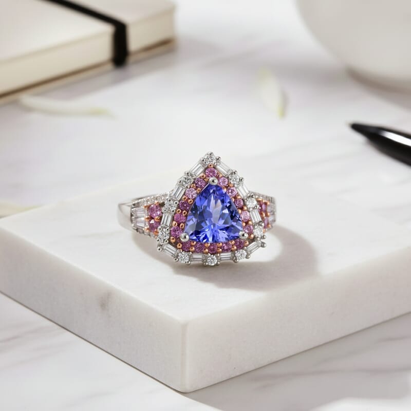 D'Joy Tanzanite and Multi Gemstone 2.20 ctw Rosefire Ring in 18K Vermeil RG and Rhodium Over Sterling Silver (Size 6.0)