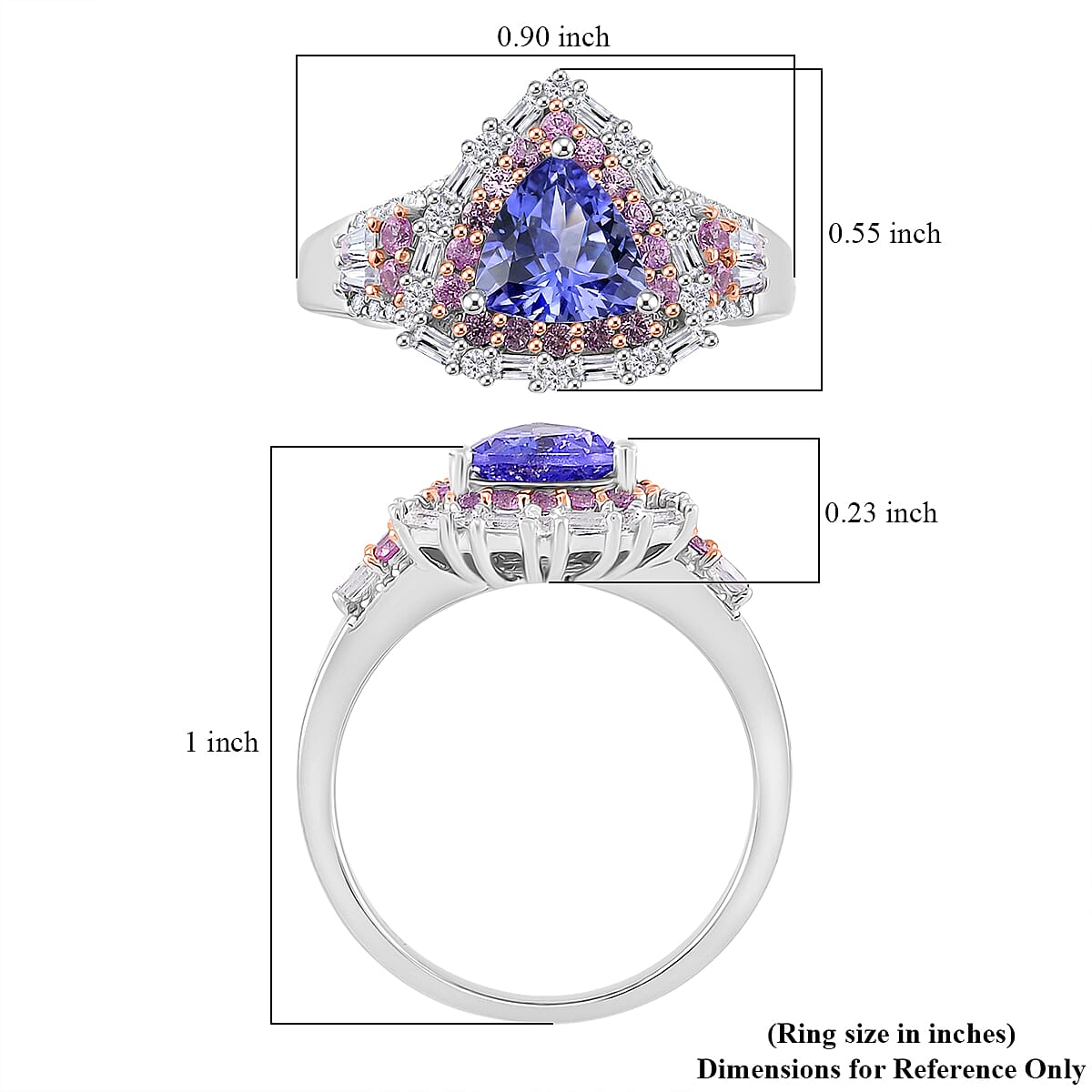 D'Joy Tanzanite and Multi Gemstone 2.20 ctw Rosefire Ring in 18K Vermeil RG and Rhodium Over Sterling Silver (Size 6.0)