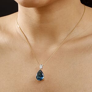 Luxoro Premium London Blue Topaz and G-H I2 Diamond 14.00 ctw Droplet Pendant without Chain in 10K Yellow Gold