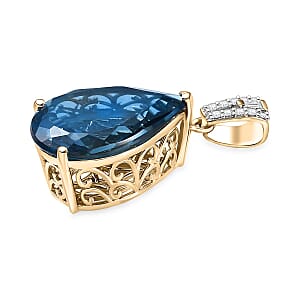 Luxoro Premium London Blue Topaz and G-H I2 Diamond 14.00 ctw Droplet Pendant without Chain in 10K Yellow Gold