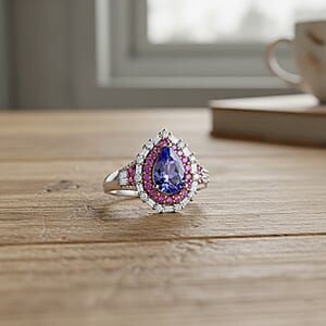 D'Joy Tanzanite and Multi Gemstone 2.35 ctw Rosefire Ring in 18K Vermeil RG and Rhodium Over Sterling Silver (Size 6.0)