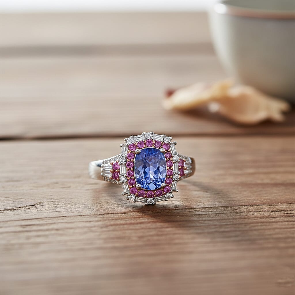 D'Joy Tanzanite and Multi Gemstone 2.40 ctw Ring in 18K Vermeil RG and Rhodium Over Sterling Silver (Size 7.0)