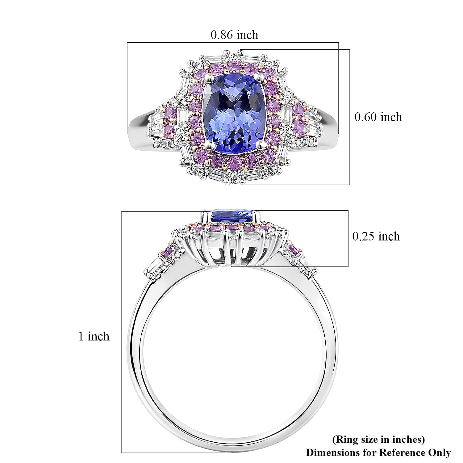 D'Joy Tanzanite and Multi Gemstone 2.40 ctw Ring in 18K Vermeil RG and Rhodium Over Sterling Silver (Size 7.0)