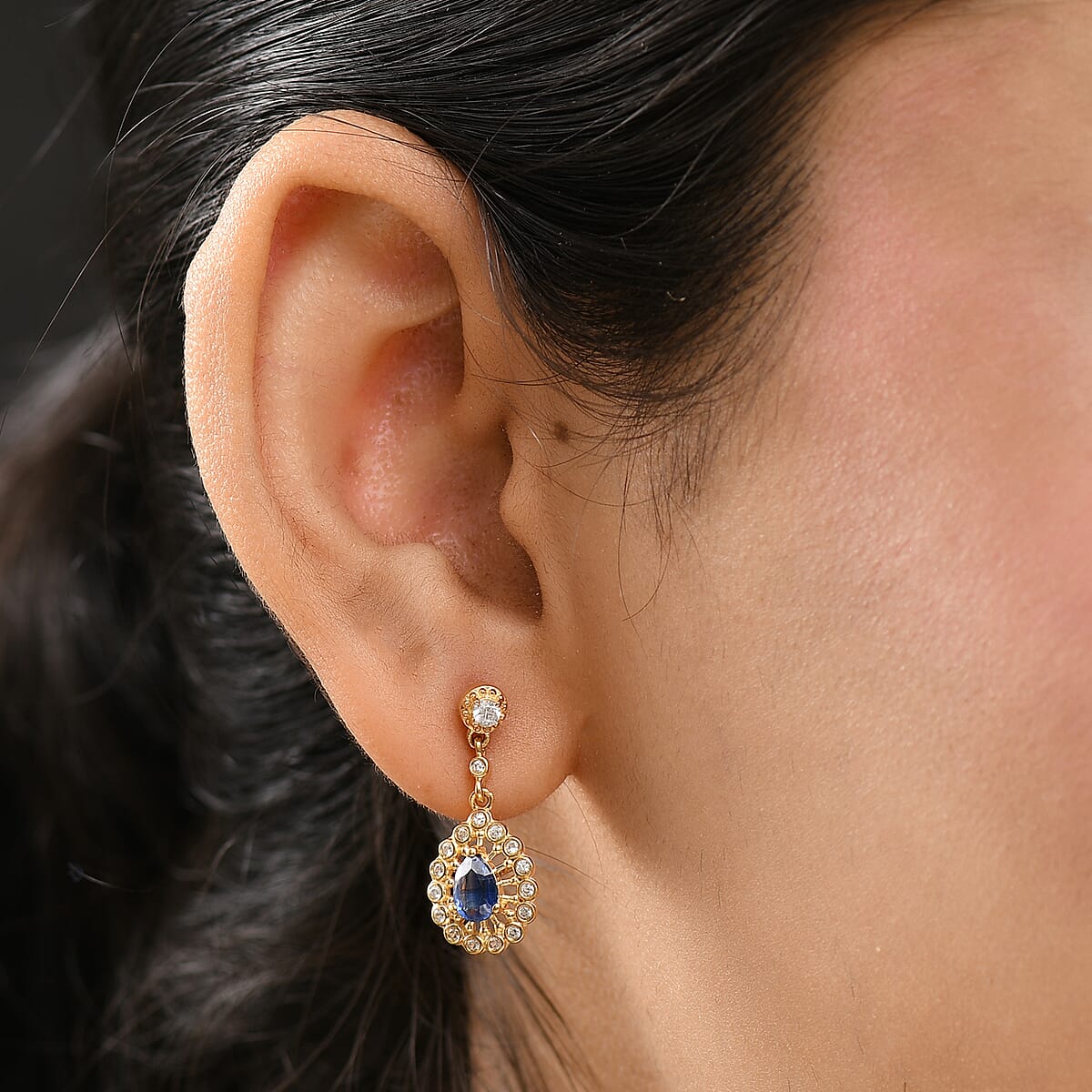 D'Joy Kashmir Kyanite and White Zircon 1.50 ctw Dangling Earrings in 18K Vermeil YG Over Sterling Silver image number 2