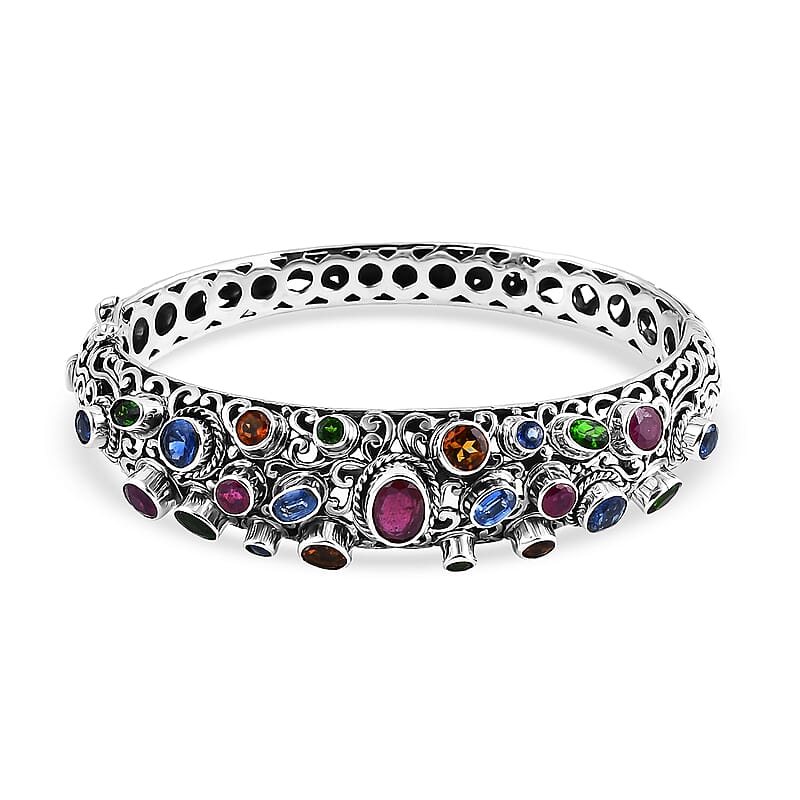 Bali Legacy Niassa Ruby (FF) and Multi Gemstone 10.25 ctw Bangle Bracelet in Sterling Silver (7.25 In)