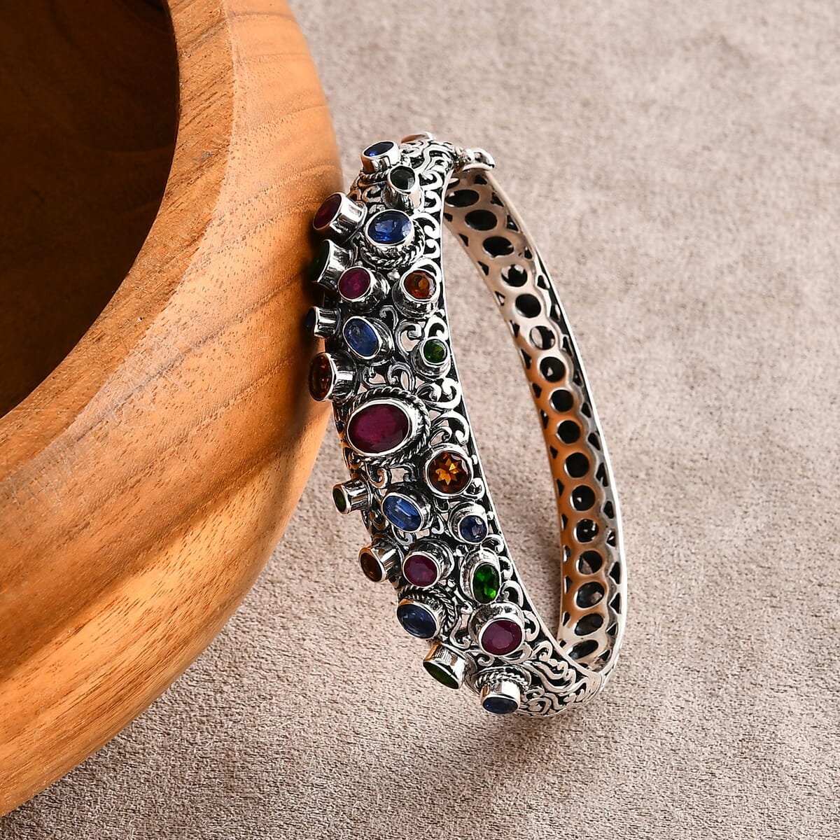 Bali Legacy Niassa Ruby (FF) and Multi Gemstone 10.50 ctw Bangle Bracelet in Sterling Silver (7.25 In) image number 1
