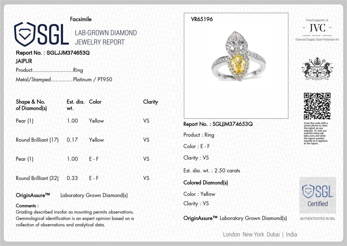 950 Platinum Luxuriant Lab Grown Yellow Diamond (VS) Ring (Size 6.0) 2.50 ctw image number 6