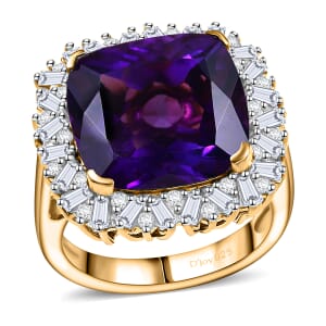 D'Joy AAA Zambian Amethyst and Moissanite 13.80 ctw Majestic Halo Ring in 18K Vermeil Yellow Gold Over Sterling Silver (Size 10.0)