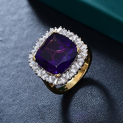 D'Joy AAA Zambian Amethyst and Moissanite 13.80 ctw Majestic Halo Ring in 18K Vermeil Yellow Gold Over Sterling Silver (Size 10.0)