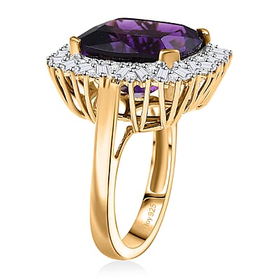 D'Joy AAA Zambian Amethyst and Moissanite 13.80 ctw Majestic Halo Ring in 18K Vermeil Yellow Gold Over Sterling Silver (Size 10.0)