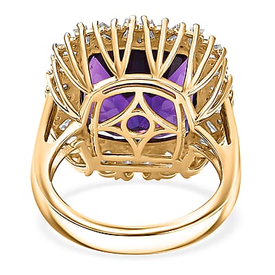 D'Joy AAA Zambian Amethyst and Moissanite 13.80 ctw Majestic Halo Ring in 18K Vermeil Yellow Gold Over Sterling Silver (Size 10.0)