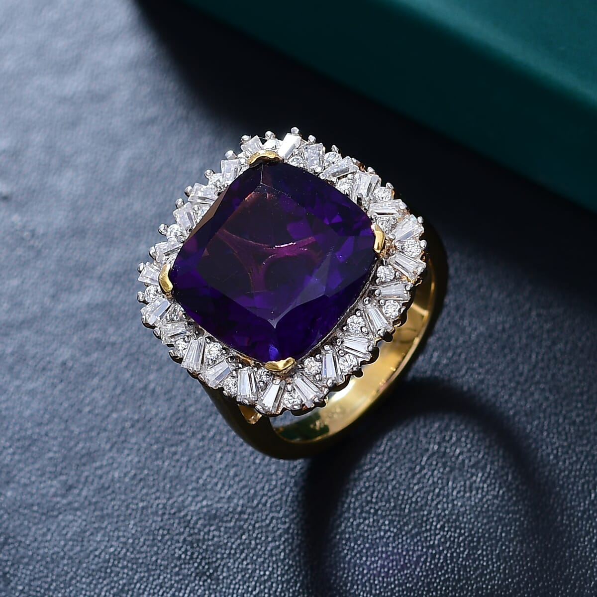 D'Joy AAA Zambian Amethyst and Moissanite 13.80 ctw Majestic Halo Ring in 18K Vermeil Yellow Gold Over Sterling Silver (Size 7.0) image number 1