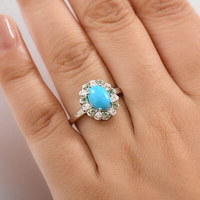 D'Joy Premium Sleeping Beauty Turquoise and Multi Gemstone 2.60 ctw Ring in Rhodium Over Sterling Silver (Size 10.0) 