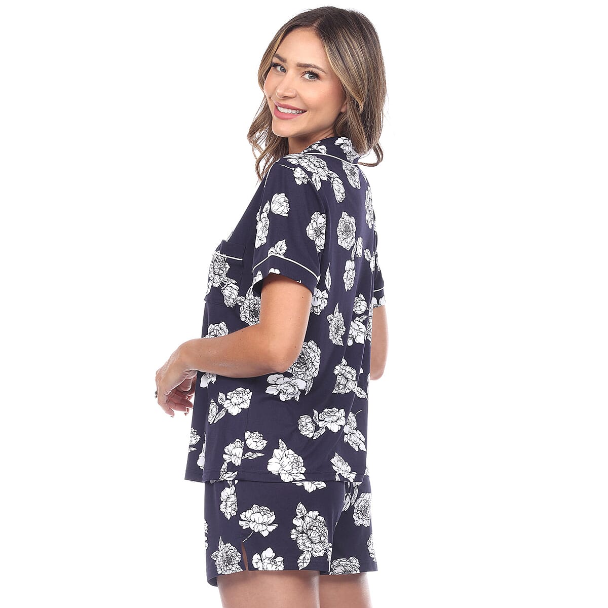 White Mark Navy Short Sleeve Floral Pajama Set - S image number 1