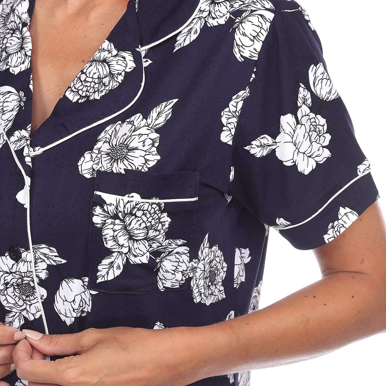 White Mark Navy Short Sleeve Floral Pajama Set - S