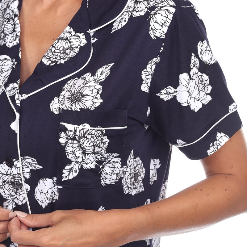 White Mark Navy Short Sleeve Floral Pajama Set - S