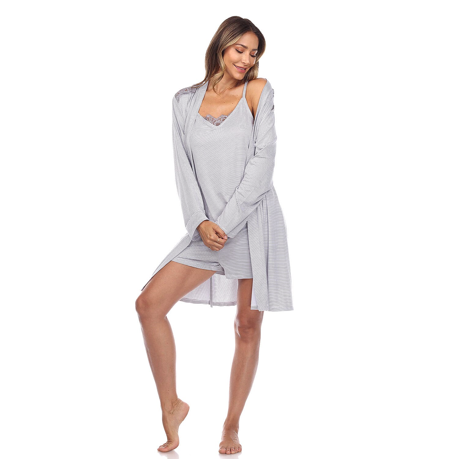 White Mark Grey 3pc Striped Pajama and Robe Set - S