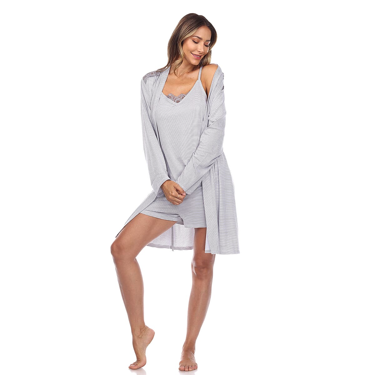 White Mark Grey 3pc Striped Pajama and Robe Set - S image number 2