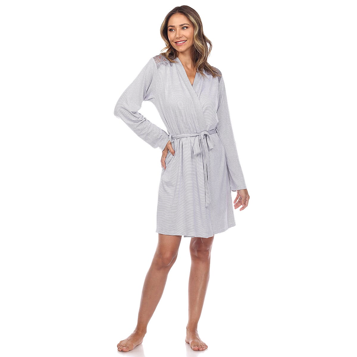 White Mark Grey 3pc Striped Pajama and Robe Set - S image number 3