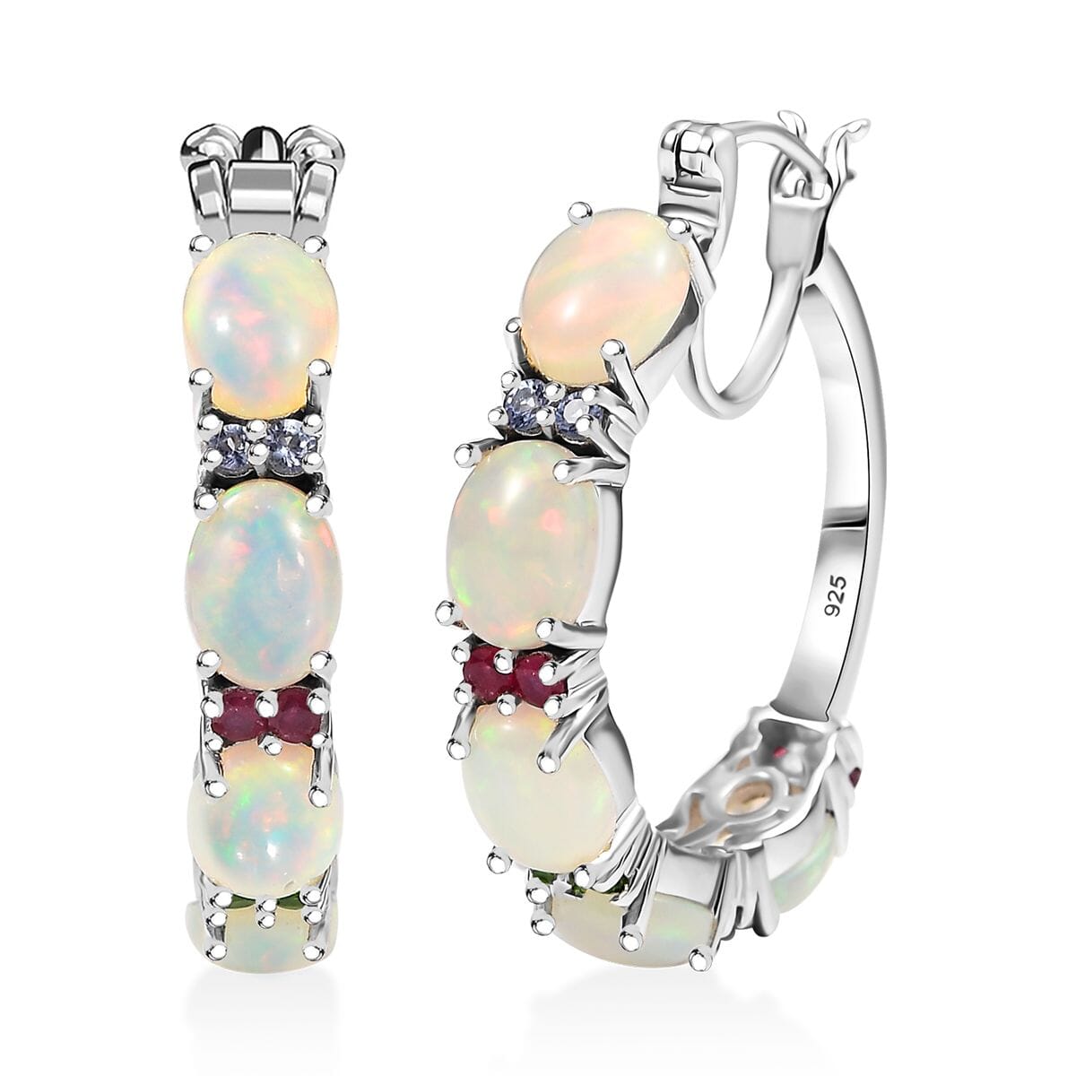 D'Joy Premium Ethiopian Welo Opal and Multi Gemstone 8.75 ctw Rainbow Hoop Earrings in Rhodium Over Sterling Silver image number 0