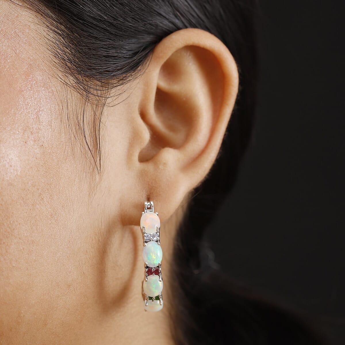 D'Joy Premium Ethiopian Welo Opal and Multi Gemstone 8.75 ctw Rainbow Hoop Earrings in Rhodium Over Sterling Silver image number 2