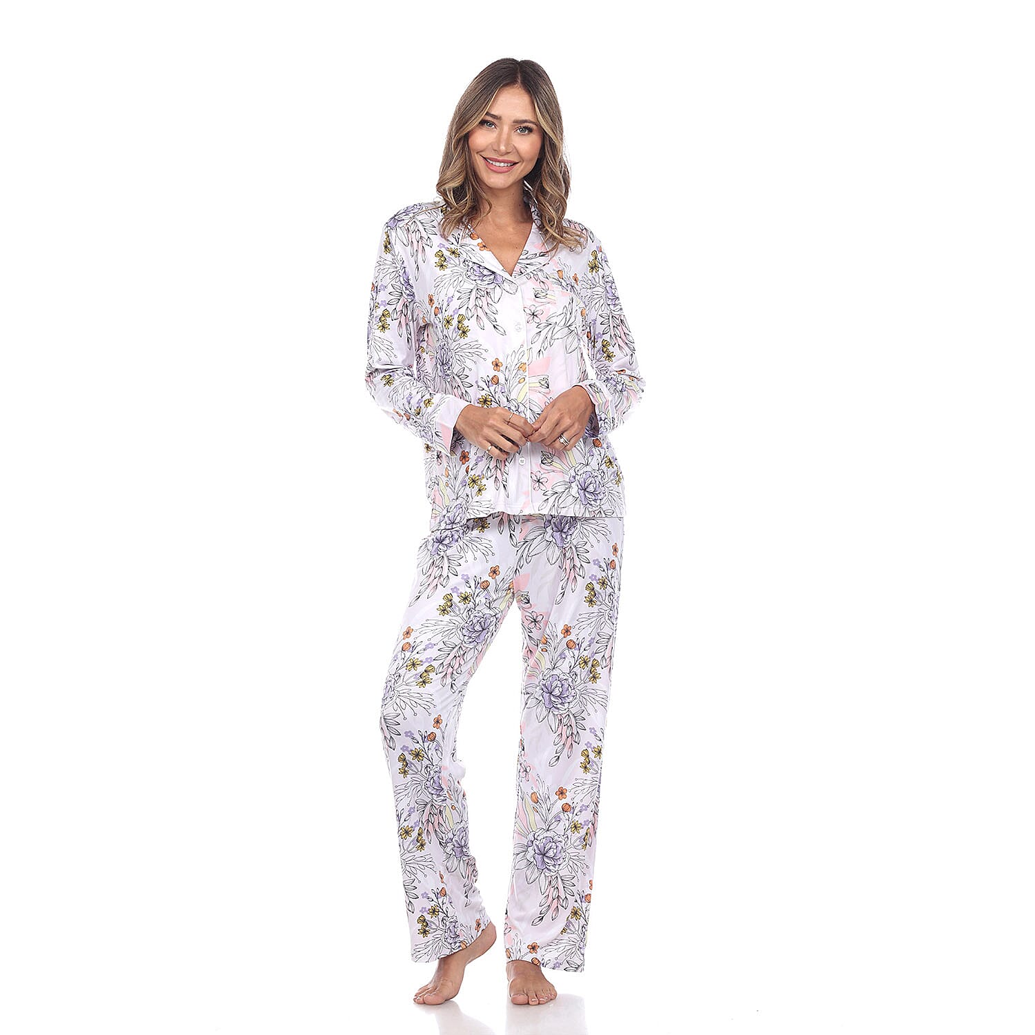 White Mark Grey Multi Color Long Sleeve Floral Pajama Set - S
