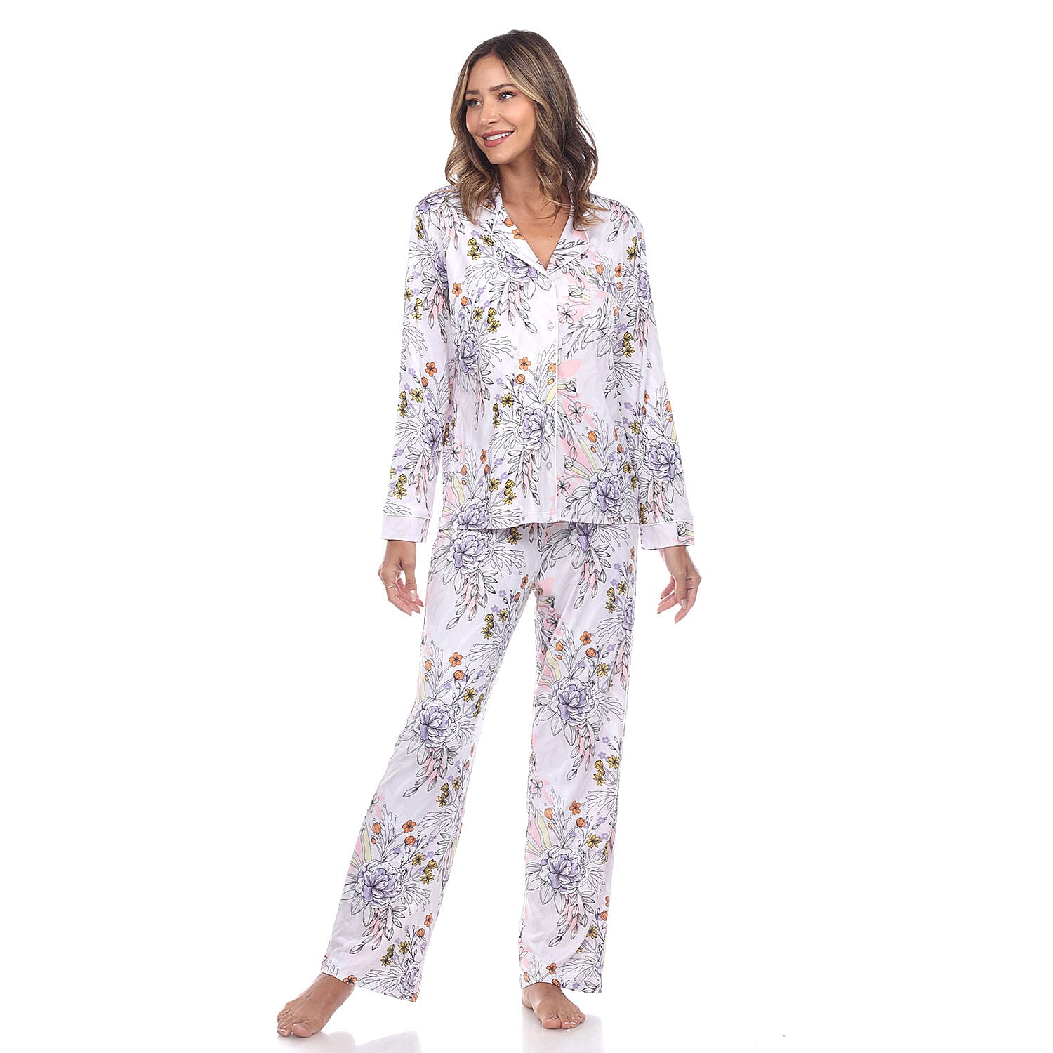 White Mark Grey Multi Color Long Sleeve Floral Pajama Set - S