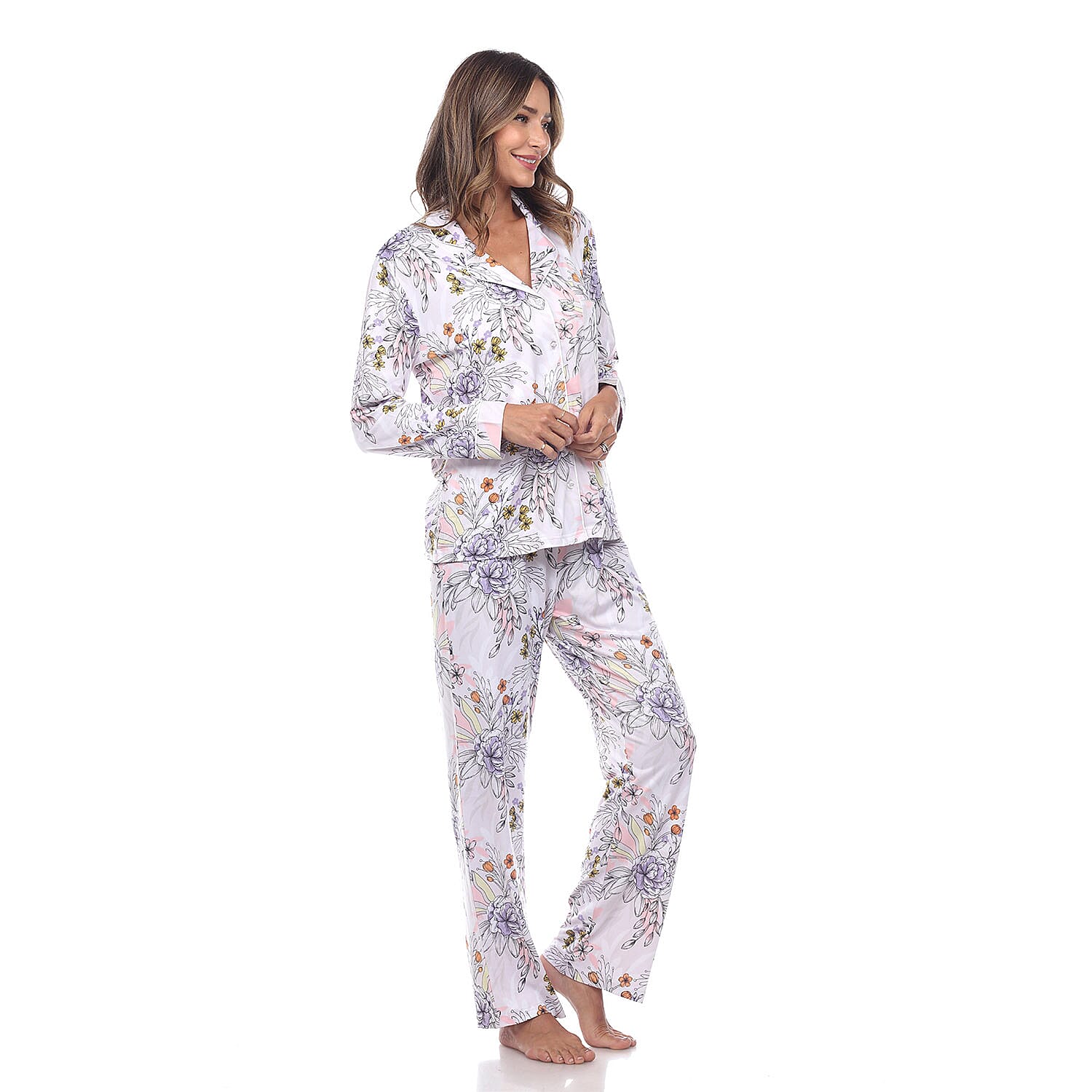 White Mark Grey Multi Color Long Sleeve Floral Pajama Set - S