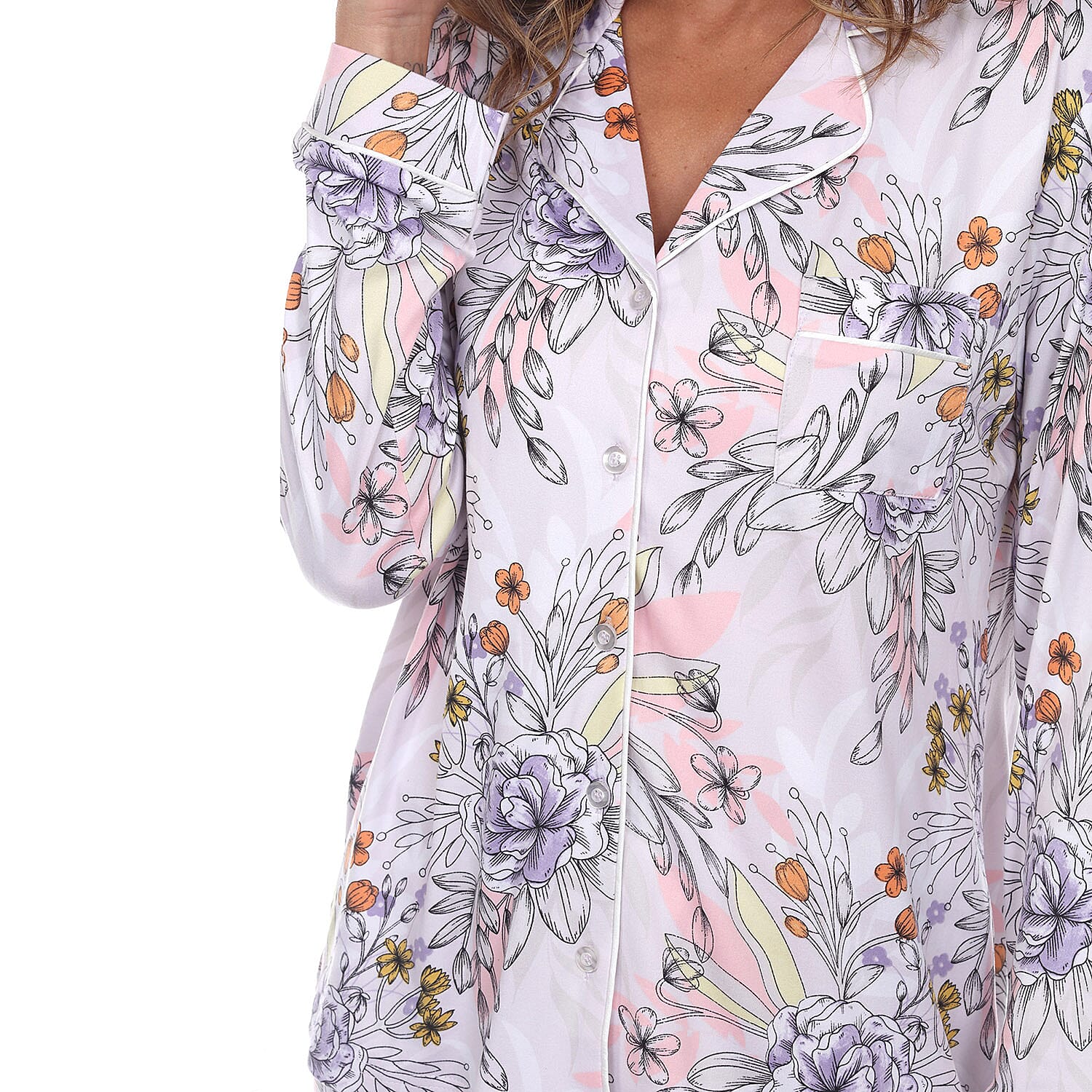 White Mark Grey Multi Color Long Sleeve Floral Pajama Set - S
