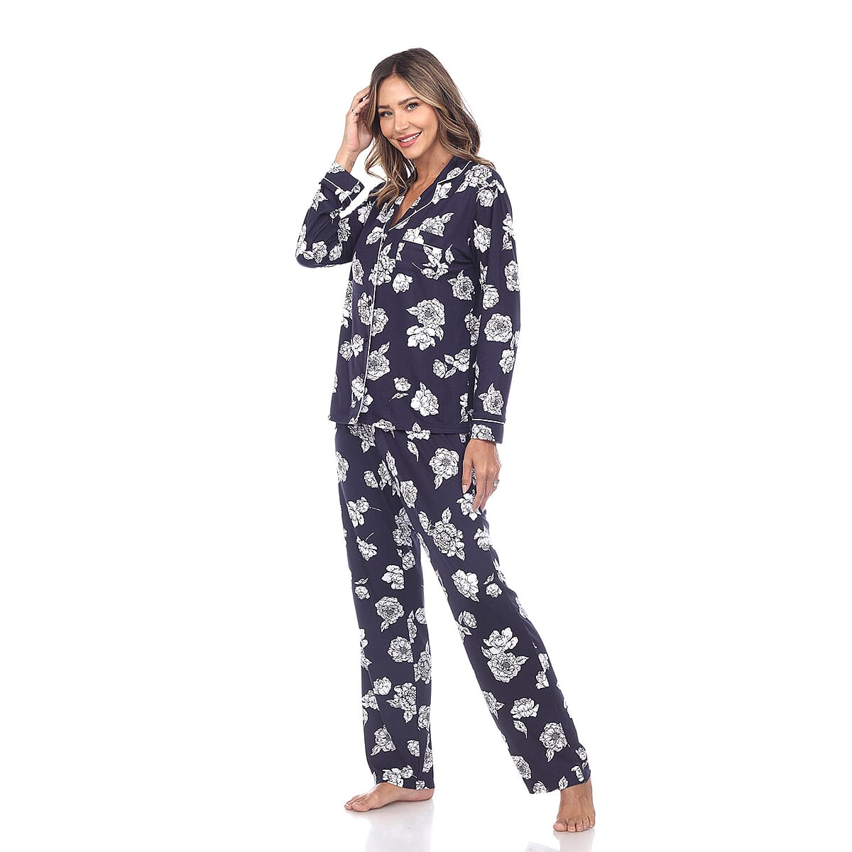 White Mark Navy Long Sleeve Floral Pajama Set - 3X image number 2