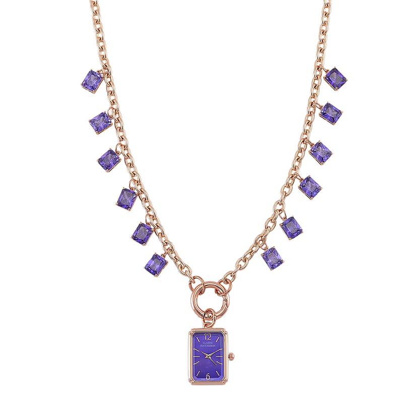 Classic Succession Simulated Purple Diamond Miyota Japanese Movement watch in Rosetone with Stainless Steel Necklace (24 Inches) 18.00 ctw