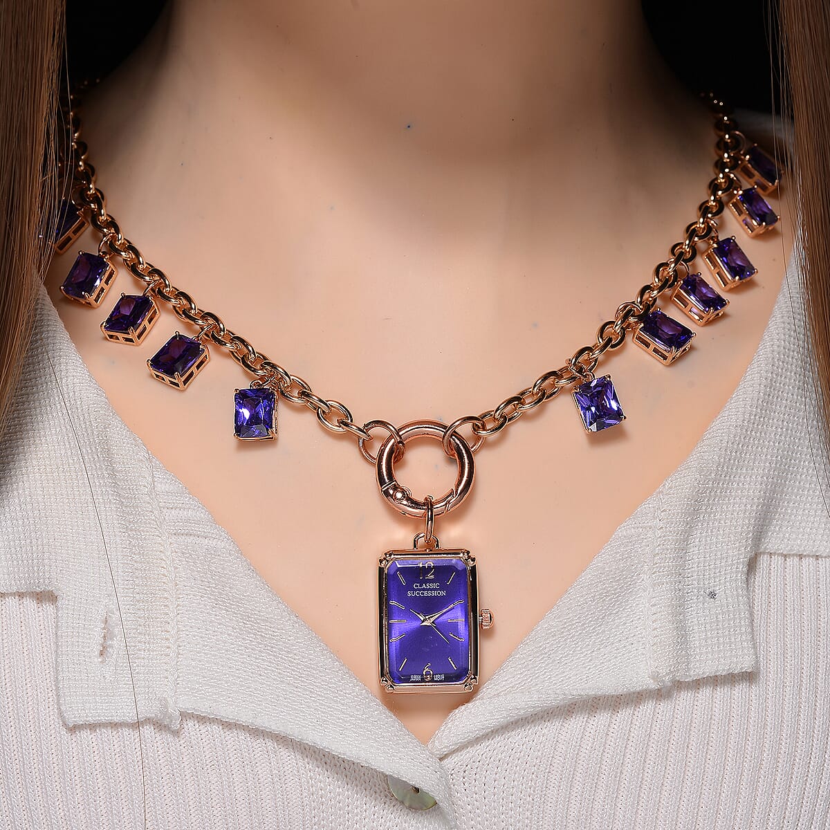Classic Succession Simulated Purple Diamond Miyota Japanese Movement watch in Rosetone with Stainless Steel Necklace (24 Inches) 18.00 ctw image number 1