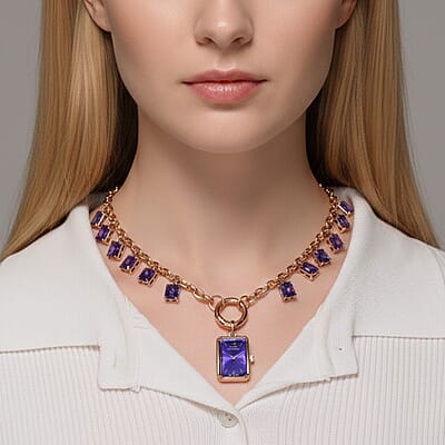 Classic Succession Simulated Purple Diamond Miyota Japanese Movement watch in Rosetone with Stainless Steel Necklace (24 Inches) 18.00 ctw