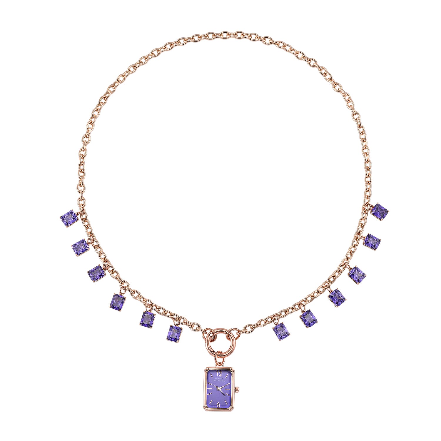 Classic Succession Simulated Purple Diamond Miyota Japanese Movement watch in Rosetone with Stainless Steel Necklace (24 Inches) 18.00 ctw