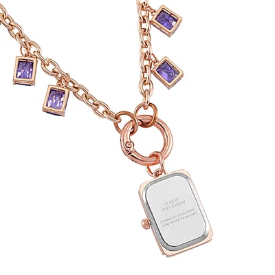 Classic Succession Simulated Purple Diamond Miyota Japanese Movement watch in Rosetone with Stainless Steel Necklace (24 Inches) 18.00 ctw