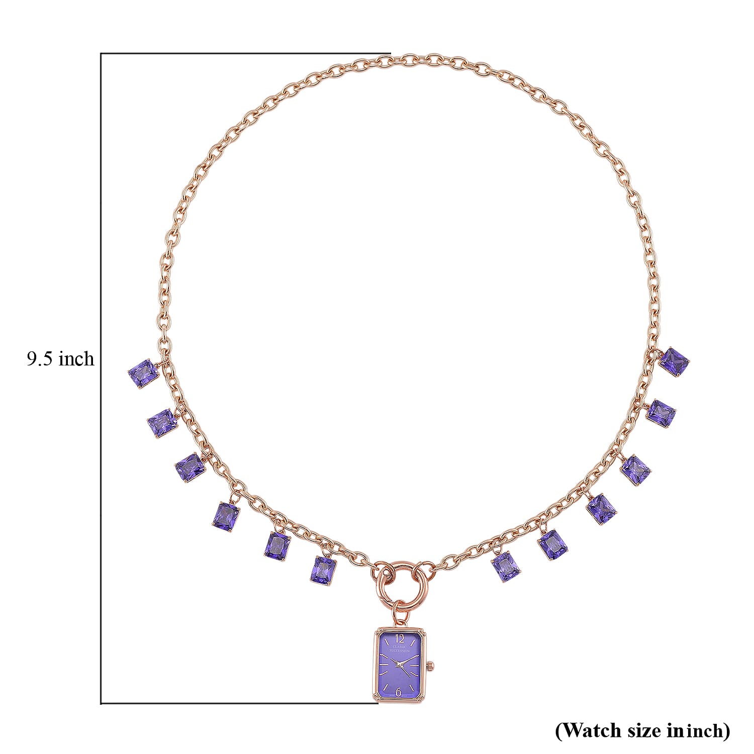 Classic Succession Simulated Purple Diamond Miyota Japanese Movement watch in Rosetone with Stainless Steel Necklace (24 Inches) 18.00 ctw
