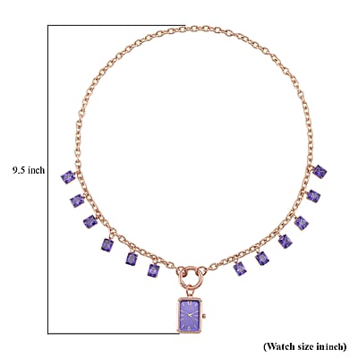 Classic Succession Simulated Purple Diamond Miyota Japanese Movement watch in Rosetone with Stainless Steel Necklace (24 Inches) 18.00 ctw