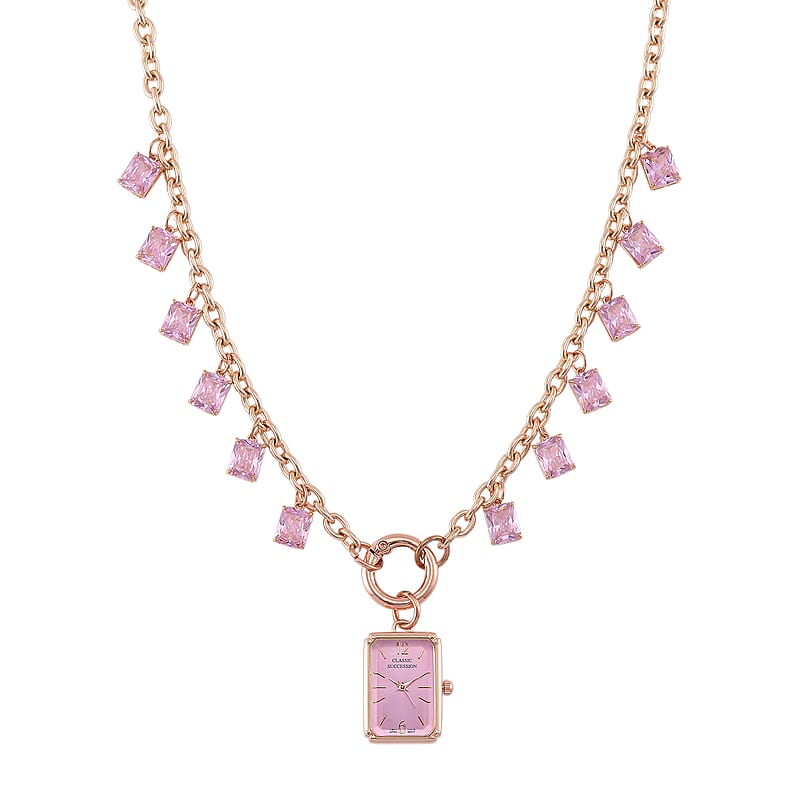 Classic Succession Simulated Pink Diamond Miyota Japanese Movement watch in Rosetone with Stainless Steel Necklace (24 Inches) 18.00 ctw