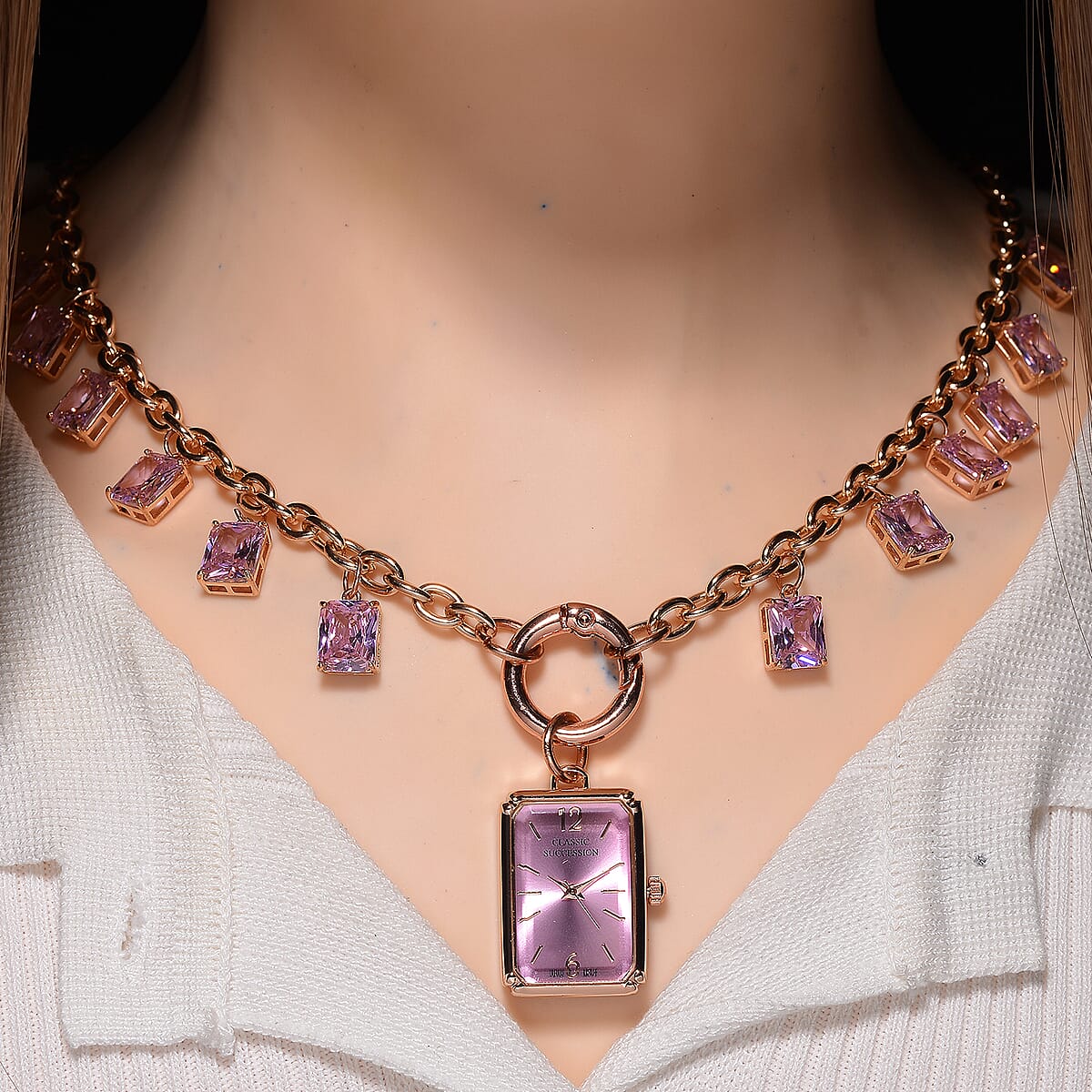 Classic Succession Simulated Pink Diamond Miyota Japanese Movement watch in Rosetone with Stainless Steel Necklace (24 Inches) 18.00 ctw image number 1