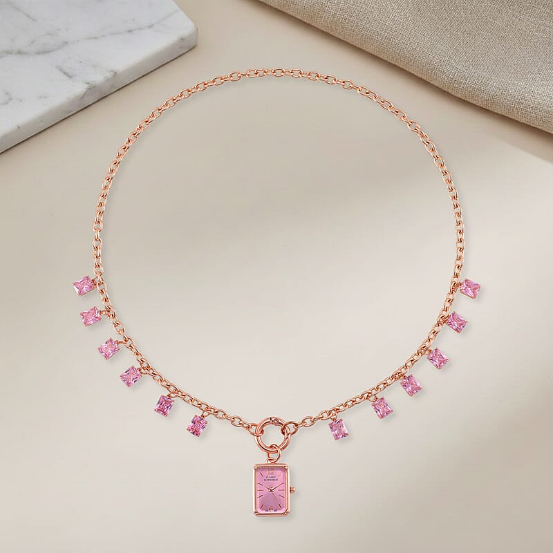 Classic Succession Simulated Pink Diamond Miyota Japanese Movement watch in Rosetone with Stainless Steel Necklace (24 Inches) 18.00 ctw