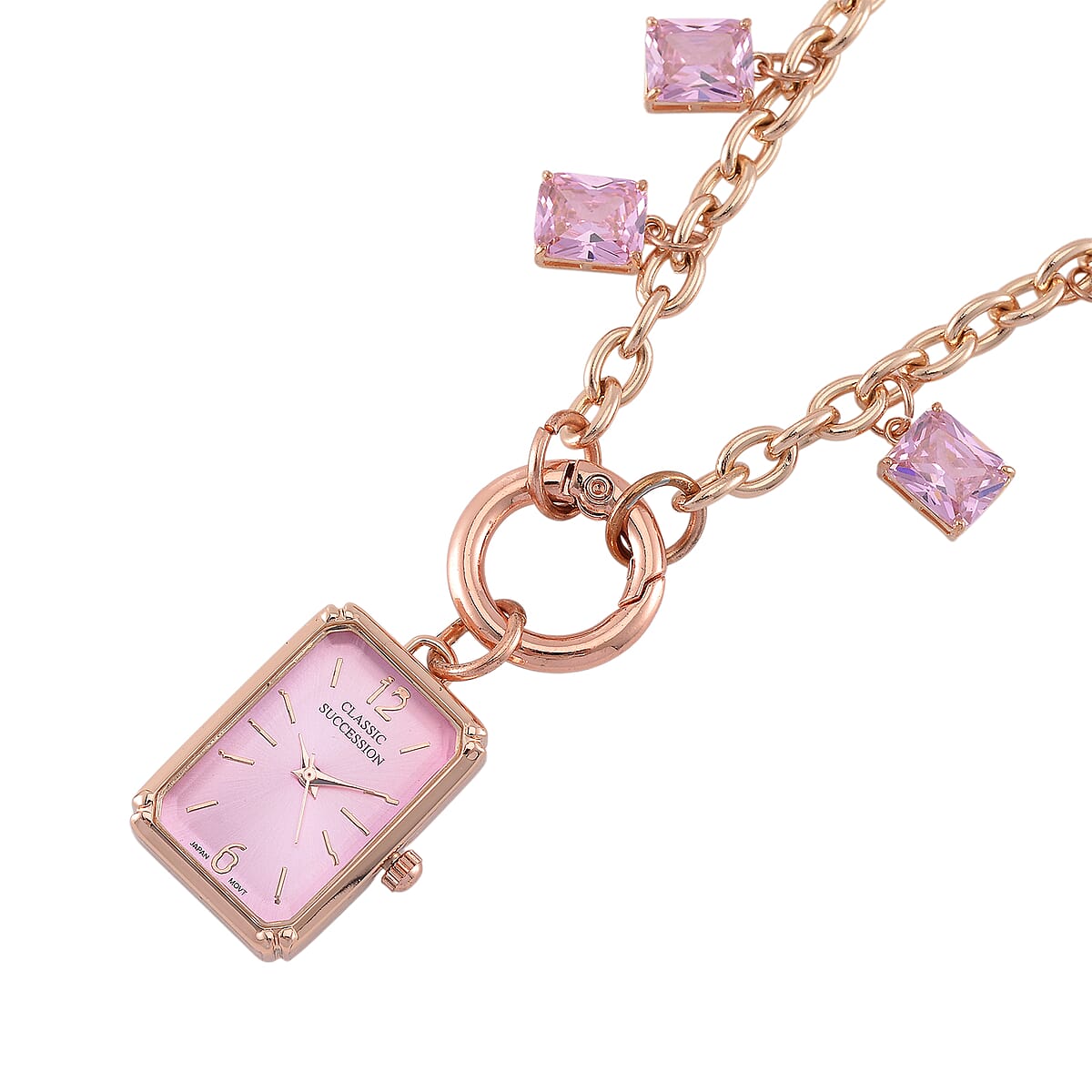 Classic Succession Simulated Pink Diamond Miyota Japanese Movement watch in Rosetone with Stainless Steel Necklace (24 Inches) 18.00 ctw image number 3