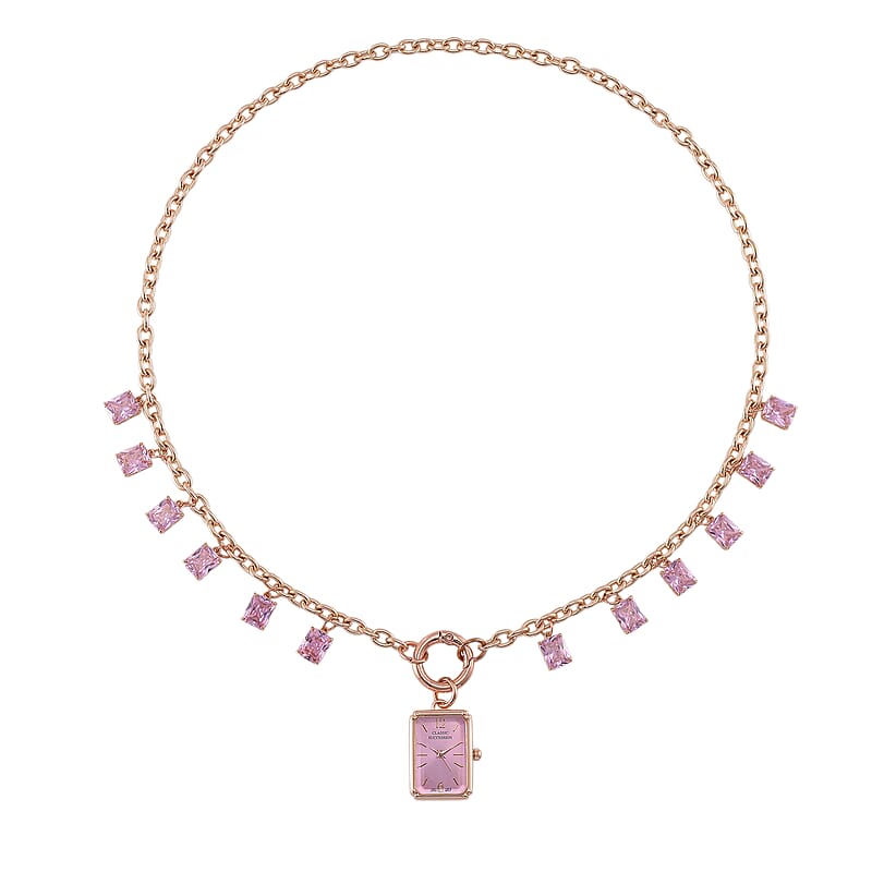 Classic Succession Simulated Pink Diamond Miyota Japanese Movement watch in Rosetone with Stainless Steel Necklace (24 Inches) 18.00 ctw