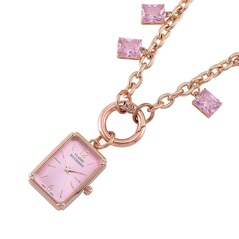 Classic Succession Simulated Pink Diamond Miyota Japanese Movement watch in Rosetone with Stainless Steel Necklace (24 Inches) 18.00 ctw