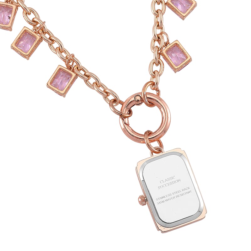 Classic Succession Simulated Pink Diamond Miyota Japanese Movement watch in Rosetone with Stainless Steel Necklace (24 Inches) 18.00 ctw