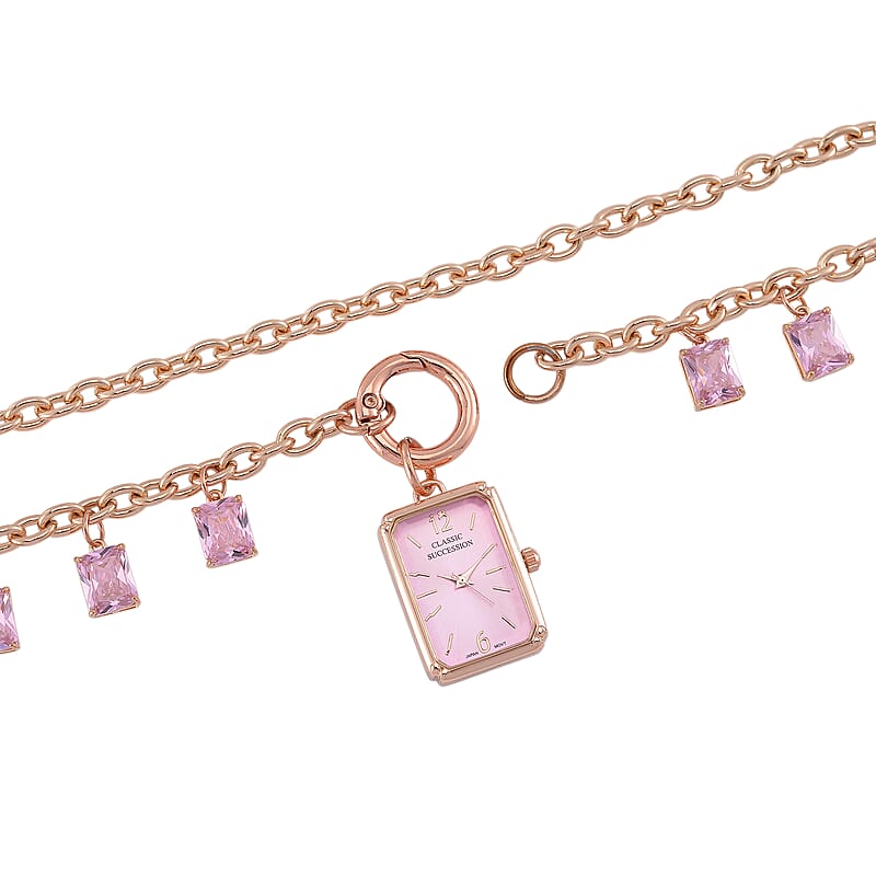 Classic Succession Simulated Pink Diamond Miyota Japanese Movement watch in Rosetone with Stainless Steel Necklace (24 Inches) 18.00 ctw
