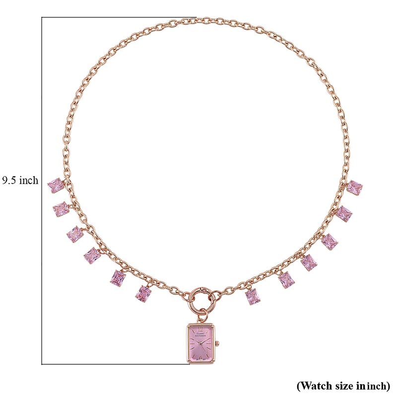 Classic Succession Simulated Pink Diamond Miyota Japanese Movement watch in Rosetone with Stainless Steel Necklace (24 Inches) 18.00 ctw
