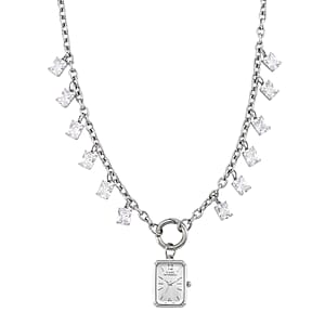 Classic Succession Simulated Diamond Miyota Japanese Movement watch in Silvertone with Stainless Steel Necklace (24 Inches) 18.00 ctw