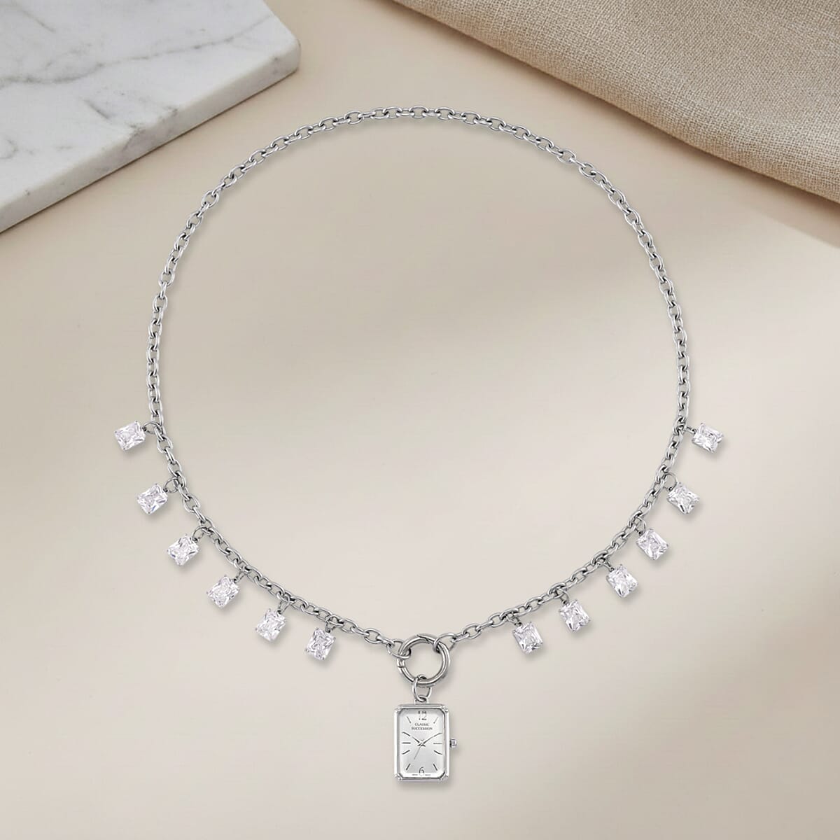 Classic Succession Simulated Diamond Miyota Japanese Movement watch in Silvertone with Stainless Steel Necklace (24 Inches) 18.00 ctw image number 1